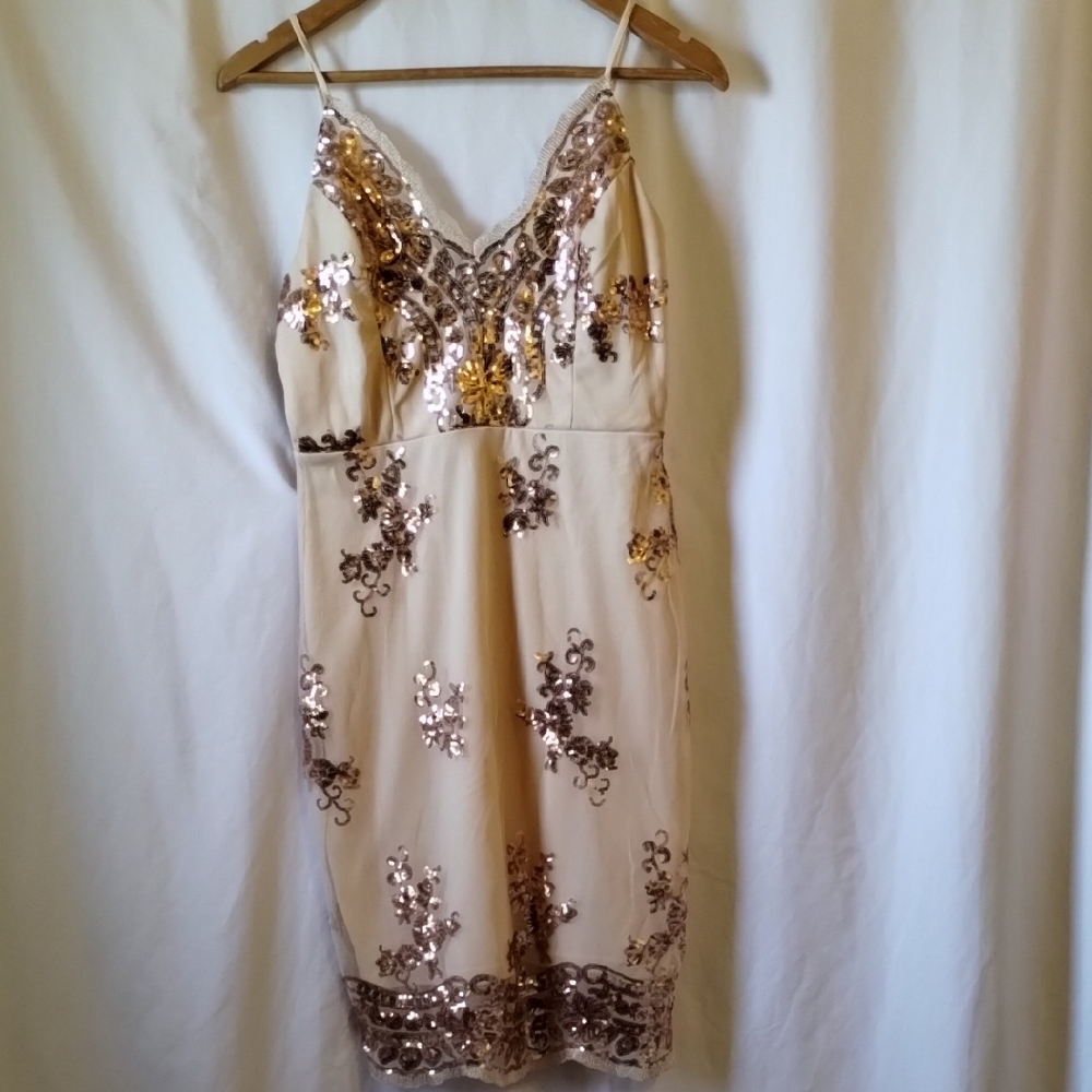 Sequin-Embellished Cream Midi Dress with V-Neck